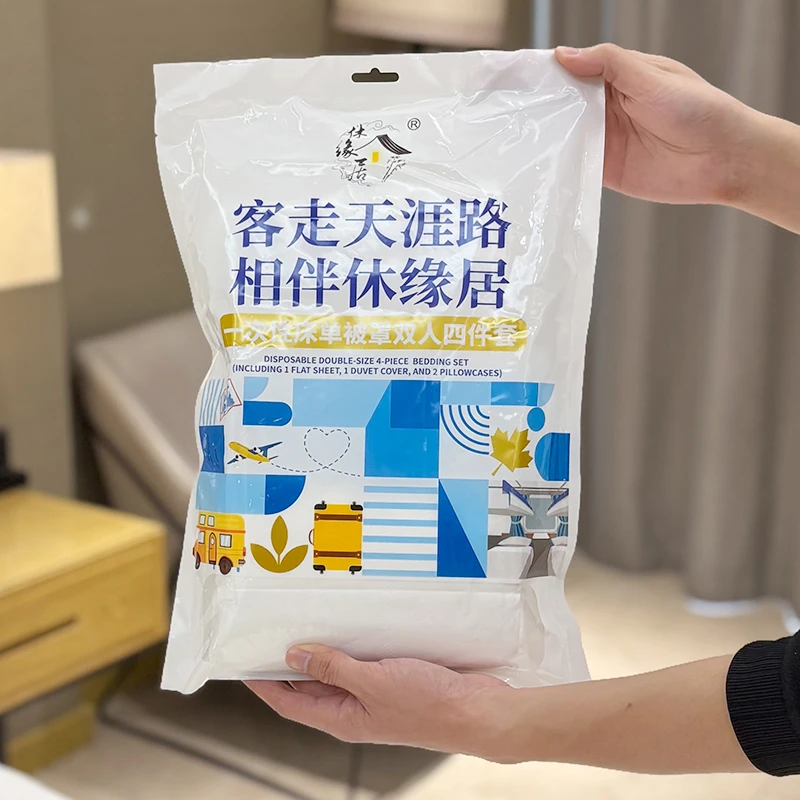 Travel-Friendly-Disposable-4-Piece-Non-Woven-Bedding-Set-Thickened-Disposable-Bedding-Set-High-Absorbency-Bed-Sheet-Set