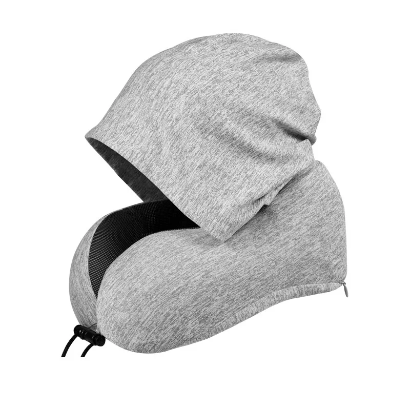 Travel-Kits-Hoodie-Neck-Support-Pillow-U-Shape-Travel-Memory-Foam-Pillow-for-Adult-Airplane-Office-Car-Train-Grey-Color