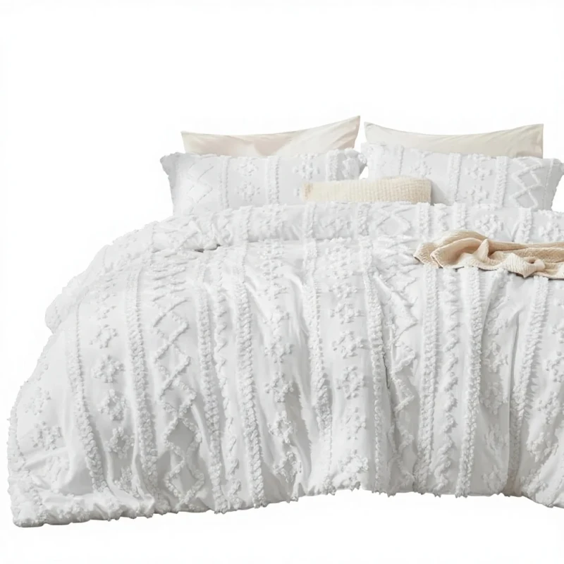 Tufted-Boho-Comforter-Set-Twin-Size-Bright-White-GentleSoft-2-Piece-Farmhouse-Shabby-Chic-Embroidery-Jacquard-All