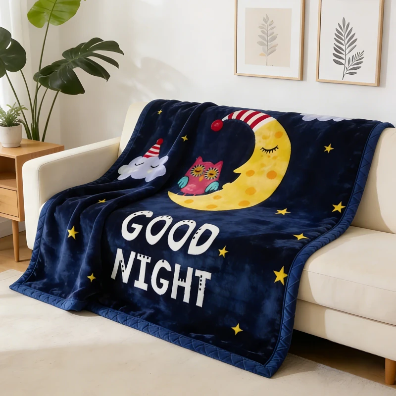 Ultra-Soft-Cute-Cartoon-Raschel-Blanket-100-Polyester-Knitted-Heavy-Plush-Bed-Blanket-for-Kids-with-Goodnight-Moon-Pattern