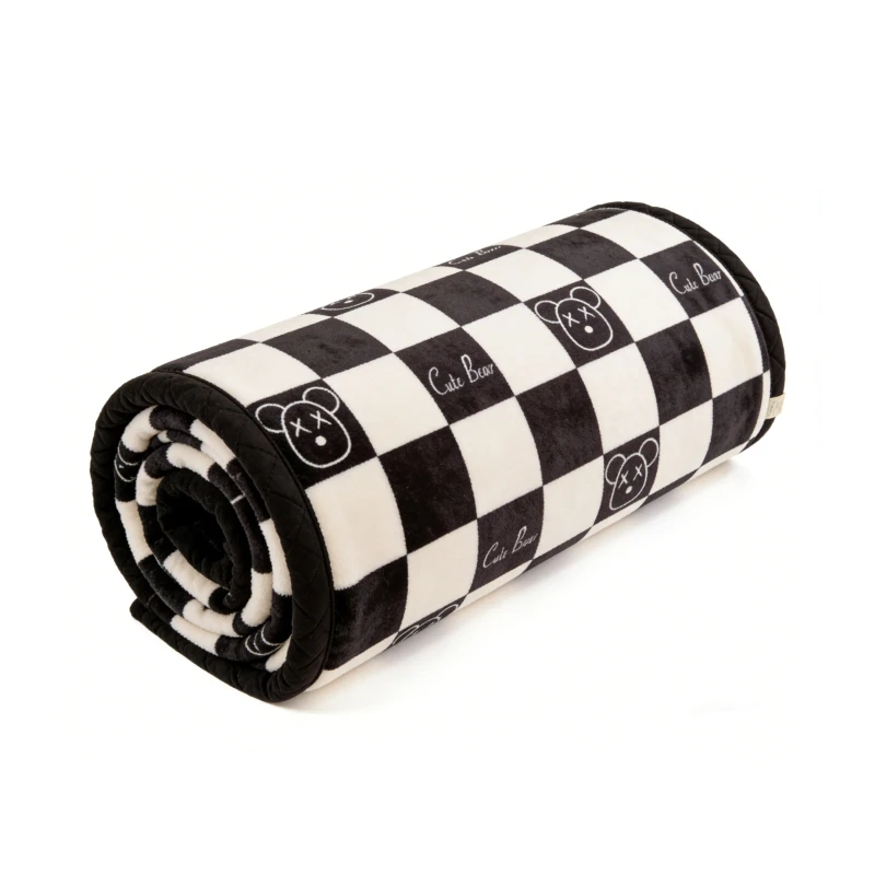 Ultra-Soft-Heavy-Plush-Raschel-Blanket-Black-and-White-Checkered-Cute-Bear-Design-Polyester-Knitted-Bed-Blanket-for-Cozy-Comfort