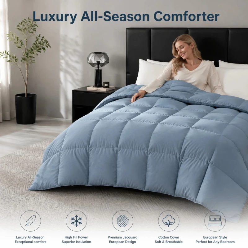 Universal-Warm-Duck-Down-Filled-Comforter-Dust-Mite-Resistant-Cotton-Cover-Custom-Logo-for-Family-Homestay-Large-Quantity-Order