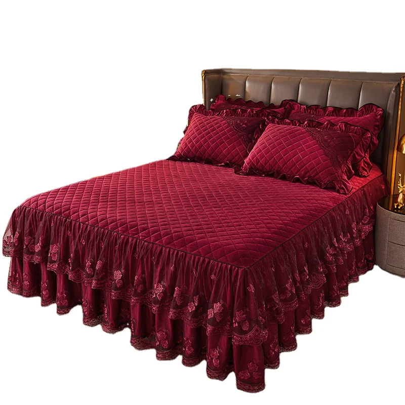 Velvet-Burgundy-Wedding-Bed-Skirt-Set-Bed-Fitted-Sheet-Set