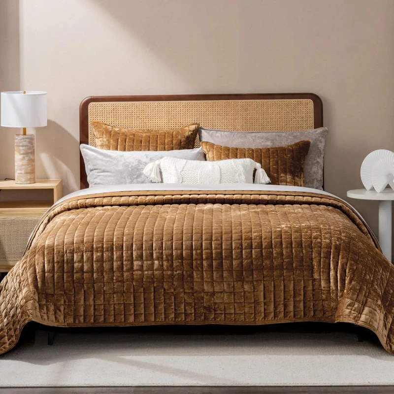 Velvet-Quilt-Set-King-Size-Caramel-Gold-Oversized-Bedspread-Coverlet-Quilted-Bedding-Set