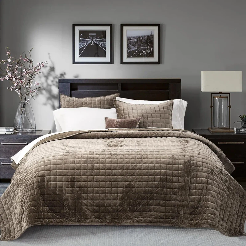 Velvet-Quilt-Set-King-Size-Mocha-Brown-Velvet-Comforter-Set-Oversized-Bedspread-Coverlet-Quilted-Bedding-Set