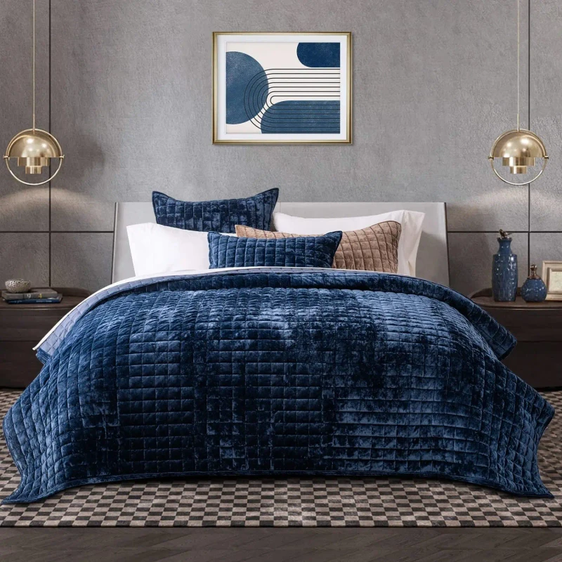 Velvet-Quilt-Set-King-Size-Navy-Blue-Velvet-Comforter-Set-Oversized-Bedspread-Coverlet-Quilted-Bedding-Set