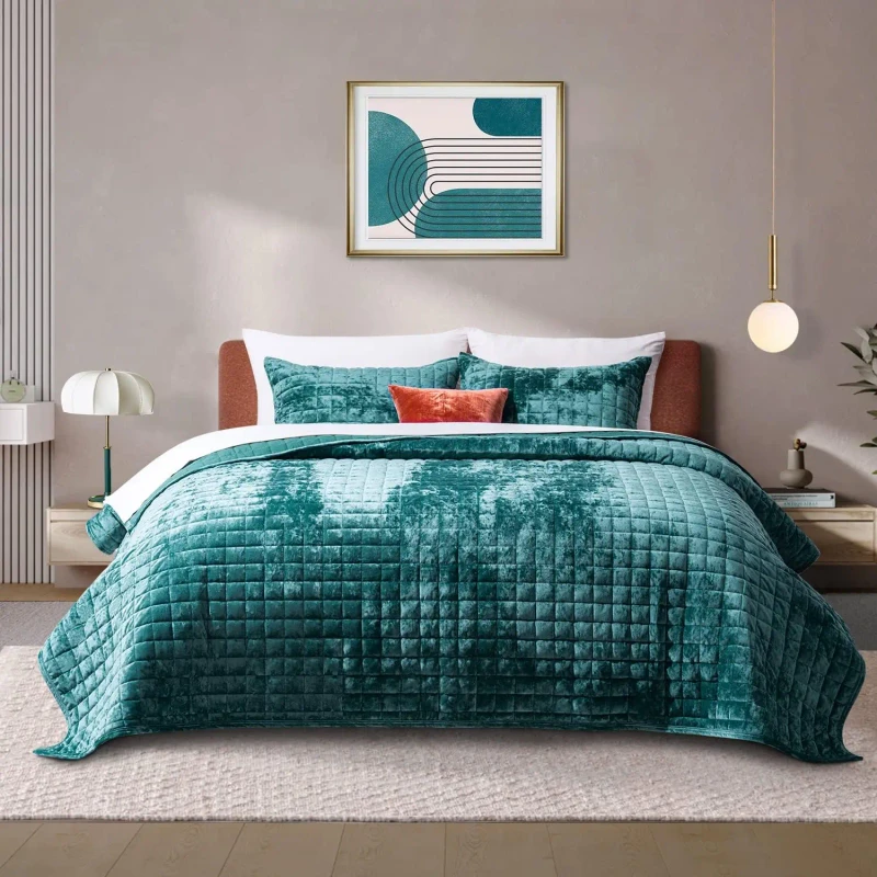 Velvet-Quilt-Set-King-Size-Teal-Light-Weight-Velvet-Comforter-Set-Oversized-Bedspread-Coverlet-Quilted-Bedding-Set
