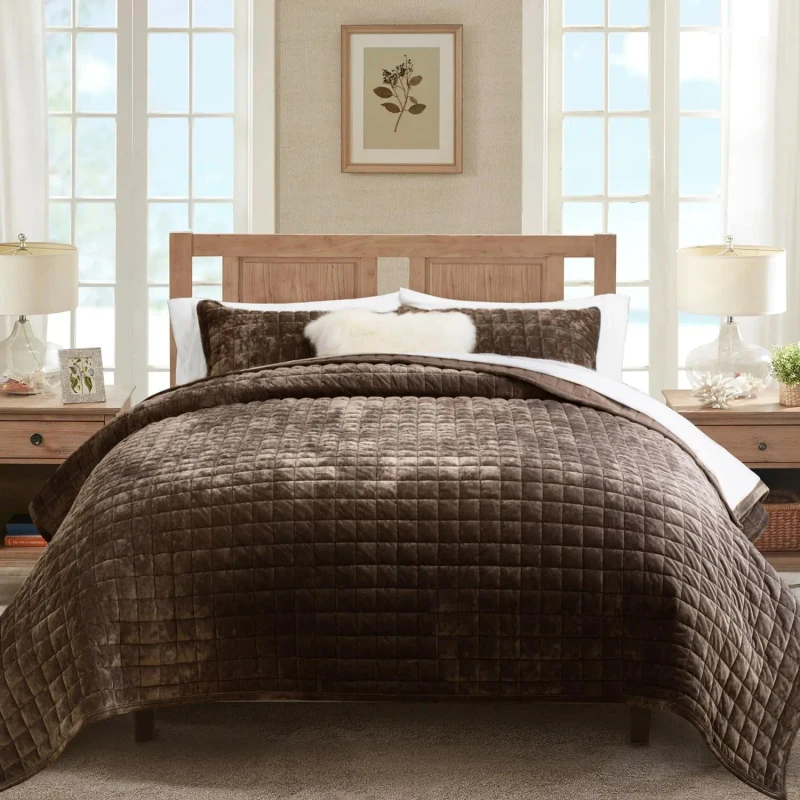 Velvet-Quilt-Set-King-Size-Walnut-Brown-Ultra-Soft-Velvet-Comforter-Set-Oversized-Bedspread-Coverlet-Quilted-Bedding-Set