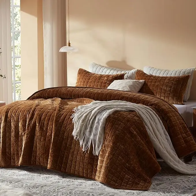 Velvet-Quilted-Bedding-Set-Lightweight-Caramel-Velvet-Comforter-Set-Bedspread-Coverlet-Quilted-Bed-Cover-Luxury-Bedding-Sets