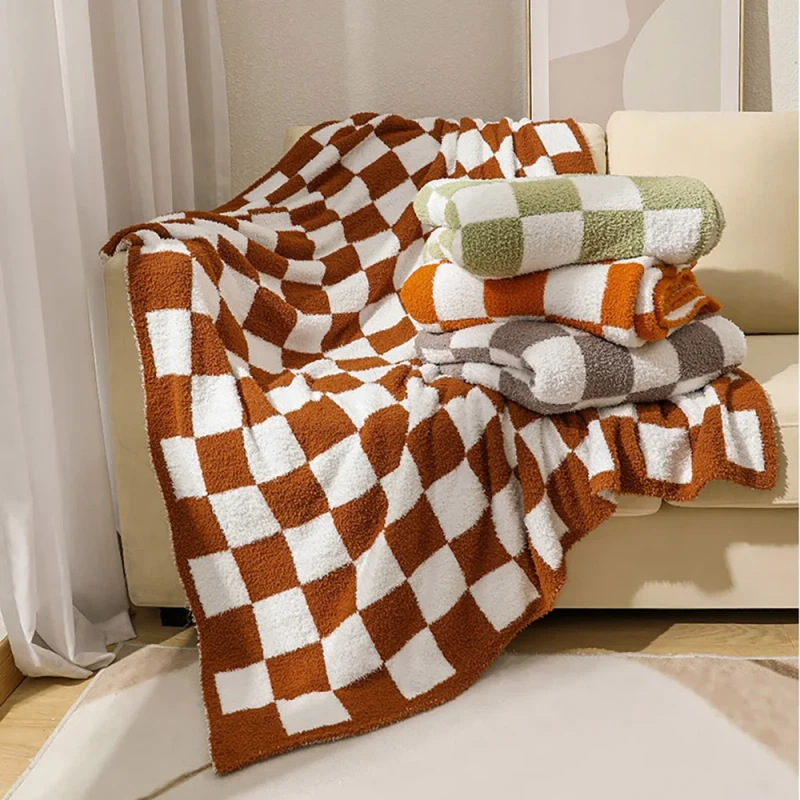 Vintage-Checkered-Knitted-Throw-Blanket-Soft-Plush-Fleece-Feel-Bed-Cover-Lightweight-Warm-Nap-Blanket