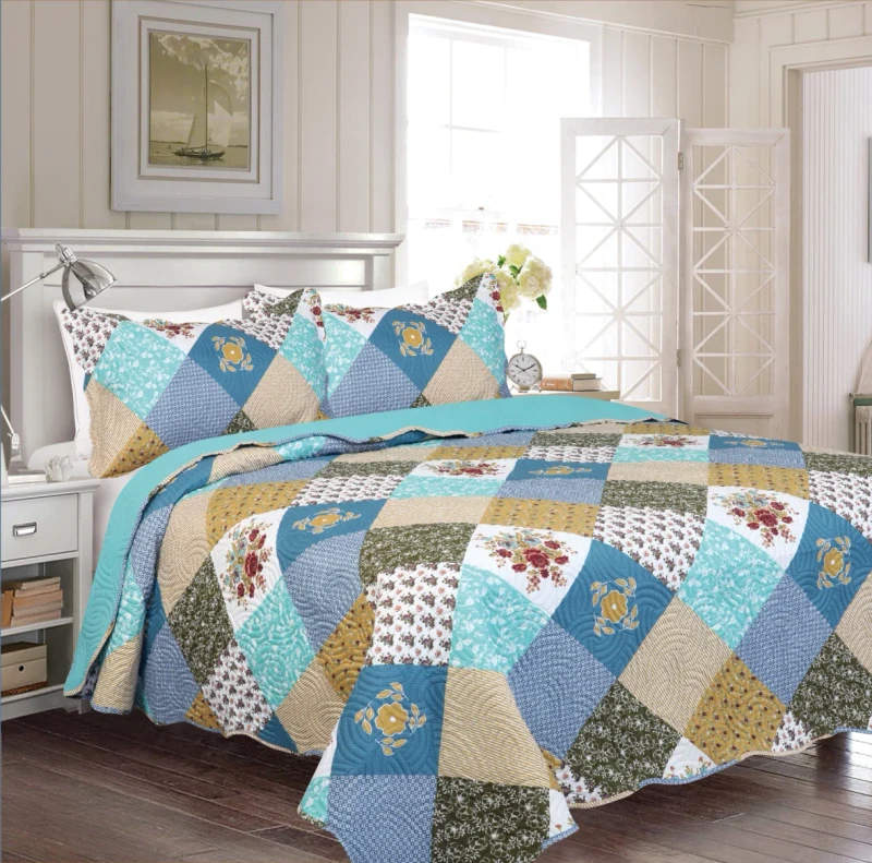 Vintage-Embroidery-Floral-Quilt-Set-Queen-3-Piece-Blue-2-Pillow-Cases-Lightweight-Soft-Microfiber