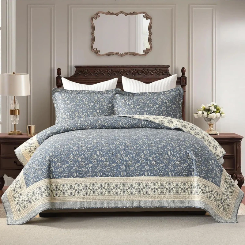 Vintage-Floral-Reversible-Queen-Quilt-Set-100-Cotton-Lightweight-Bedding-with-2-Pillow-Shams-GrayishBlue-Beige