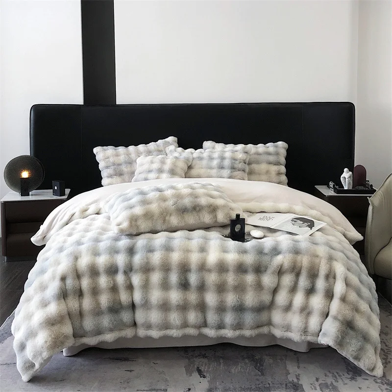 Warm-Soft-Solid-Color-Rabbit-Plush-4-Piece-Bed-Set-Thickening-Bed-Quilt-Cover-Sheet-Set-Pillowcase