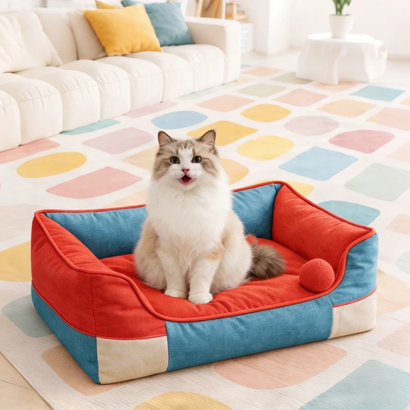 Washable-Comfortable-Safety-Detachable-Waterproof-Fashion-Portable-Pet-Sofa-Anti-Slip-Cotton-Linen-Rectangle-Nest-Puppy-Sleeping
