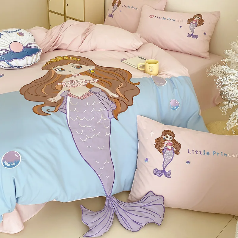 Washed-Cotton-Cartoon-Kids-Bedding-Set-Embroidery-Duvet-Cover-Bed-Sheet-Pillowcase-Soft-Breathable-Girls-Bedroom-Bedding-Set