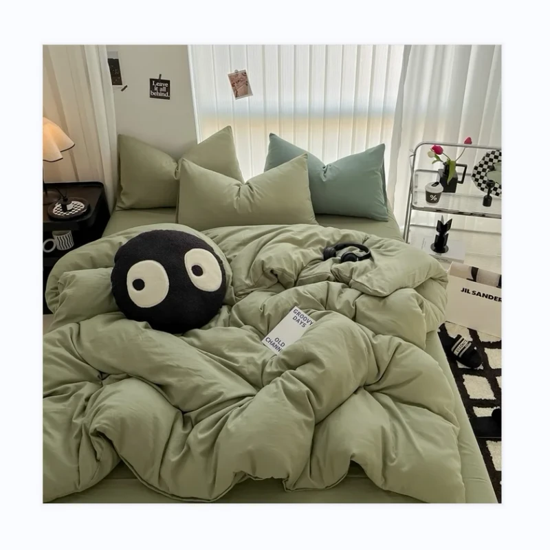 Washed-Cotton-High-Quality-Soft-Flat-Fitted-Bed-Sheet-Set-Duvet-Cover-Bedding-Sets