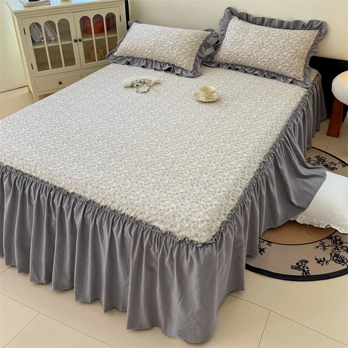 Washed-Pearl-Cotton-Anti-Pilling-Double-Layer-Breathable-Printed-Modern-Three-Piece-Bed-Skirt-Set