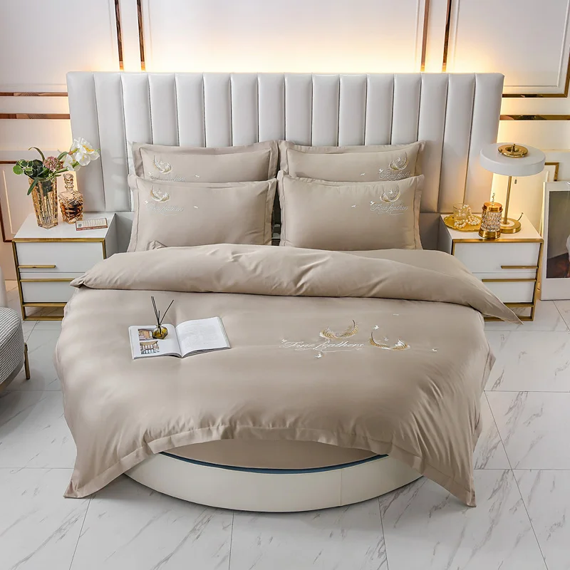 Washed-Silk-Embroidery-Round-Bed-Series-Feather-Pattern-4-Piece-Set-Duvet-Cover-Set