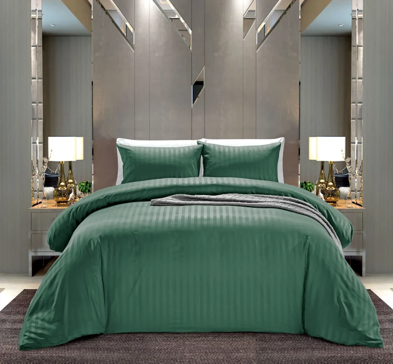 Well-Brushed-and-Soft-anti-pilling-Microfiber-Duvet-Cover-Set-Double-Size-Green-Color-2cm-Stripe-button-Closure