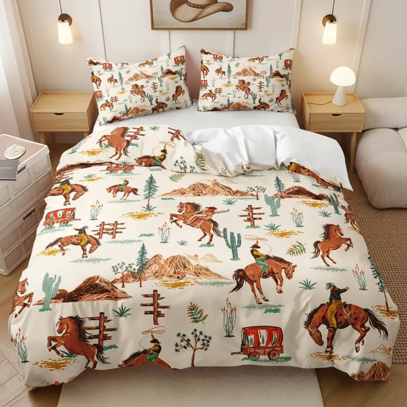 Western-Cowboy-Horse-Print-Design-Bedding-Bedroom-Enlarged-Sheet-Duvet-Cover-Set