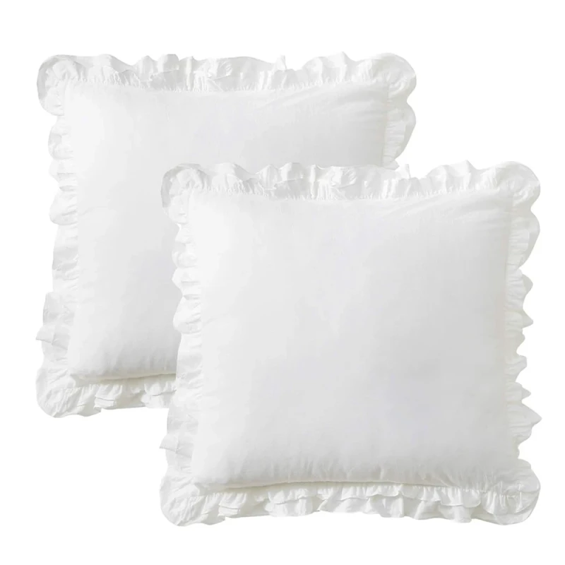 White-Ruffled-Euro-Shams-Pillow-Covers-Cushion-Cases-Washed-Cotton-Farmhouse-Bed-Pillowcases-Scalloped-Pillow-Cover