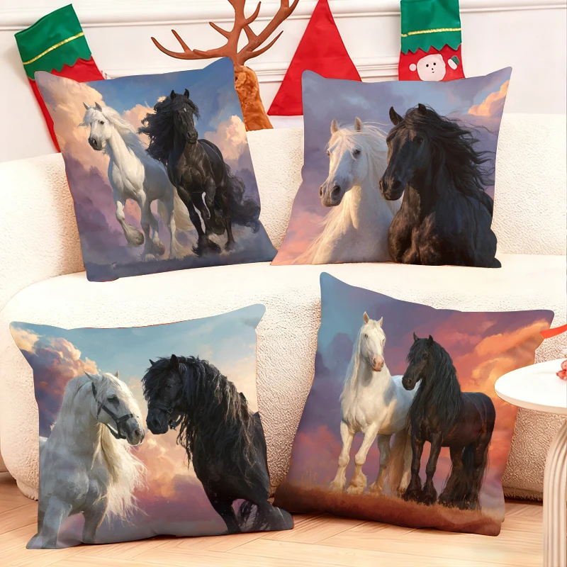 White-and-Black-Horse-Throw-Pillows-Cozy-Living-Room-with-Festive-Holiday-Stockings-and-Antlers