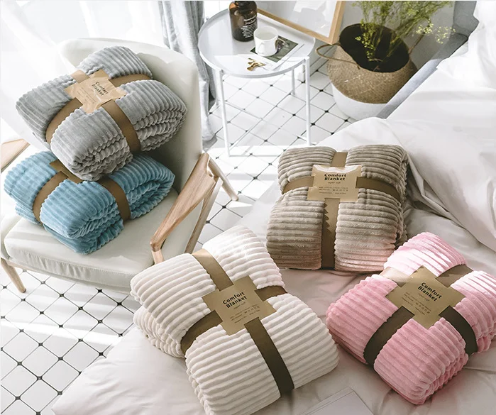 Winter-Solid-Color-Bed-Quilt-Blanket-Super-Soft-Flannel-Jacquard-Stripe-Sherpa-Throw-Bed-Blanket