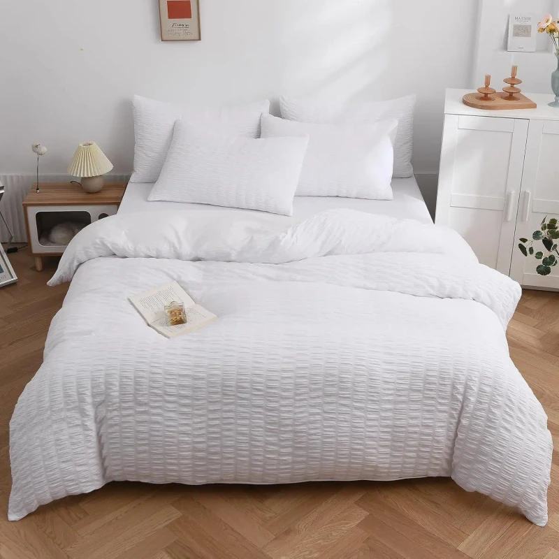 Woven-Striped-Seersucker-Bedding-Set-Four-Piece-Washed-Cotton-Fitted-Sheets-Solid-Pattern-for-Home-Use