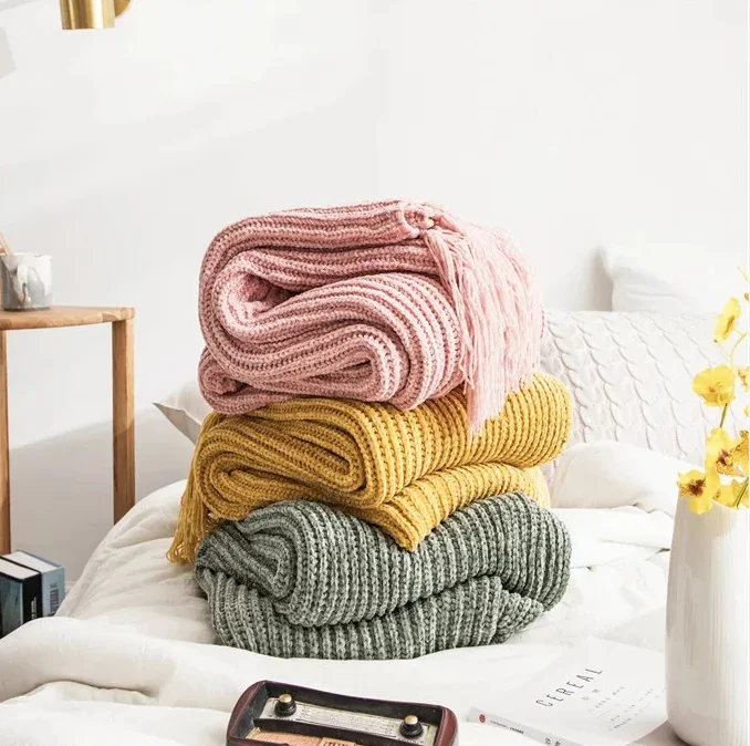 Y-W-Chenille-Throw-Woven-Eco-Friendly-Plain-Bed-Blanket-with-Decorative-Tassels-Soft-Plush-for-Home-Travel