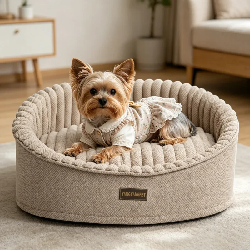 Yang-Yang-Pet-Linen-Fabric-Beige-Round-GRS-Custom-Luxury-Dog-Bed