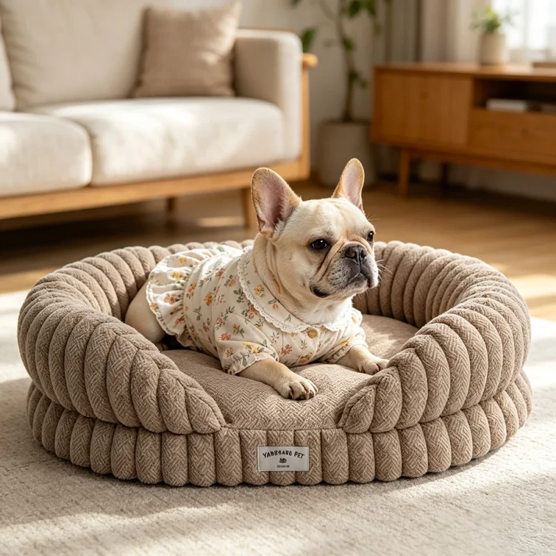 Yang-Yang-Pet-Linen-Fabric-Brown-Round-GRS-Custom-Luxury-Dog-Bed