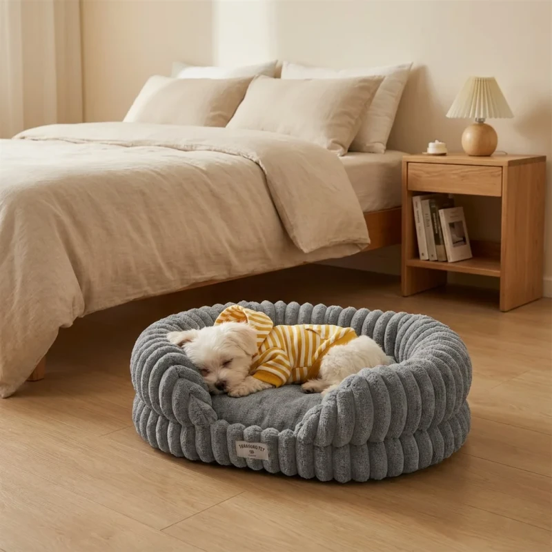 Yang-Yang-Pet-Linen-Fabric-Grey-Round-GRS-Custom-Luxury-Dog-Bed