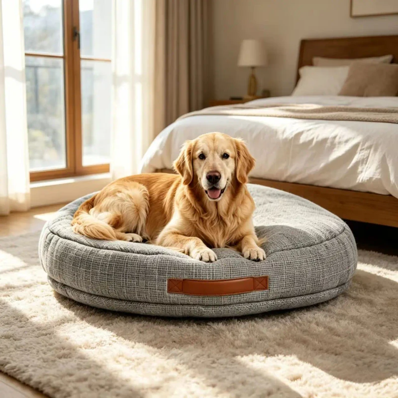 Yangyangpet-Solid-Color-Linen-Fabric-Gray-Round-Chew-Proof-Anti-slip-Bottom-for-Pet-Dog-Bed