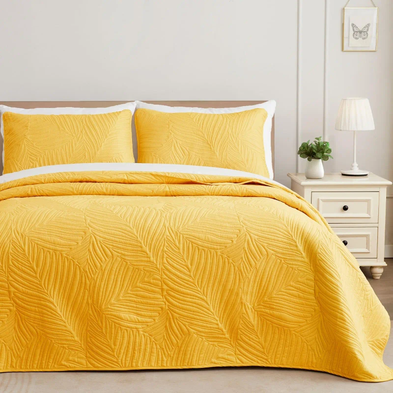 Yellow-Soft-Lightweight-Microfiber-Bedspreads-Coverlets-Bed-Cover-Quilt-Bedding-Set-with-Leaf-Pattern-for-All-Seasons