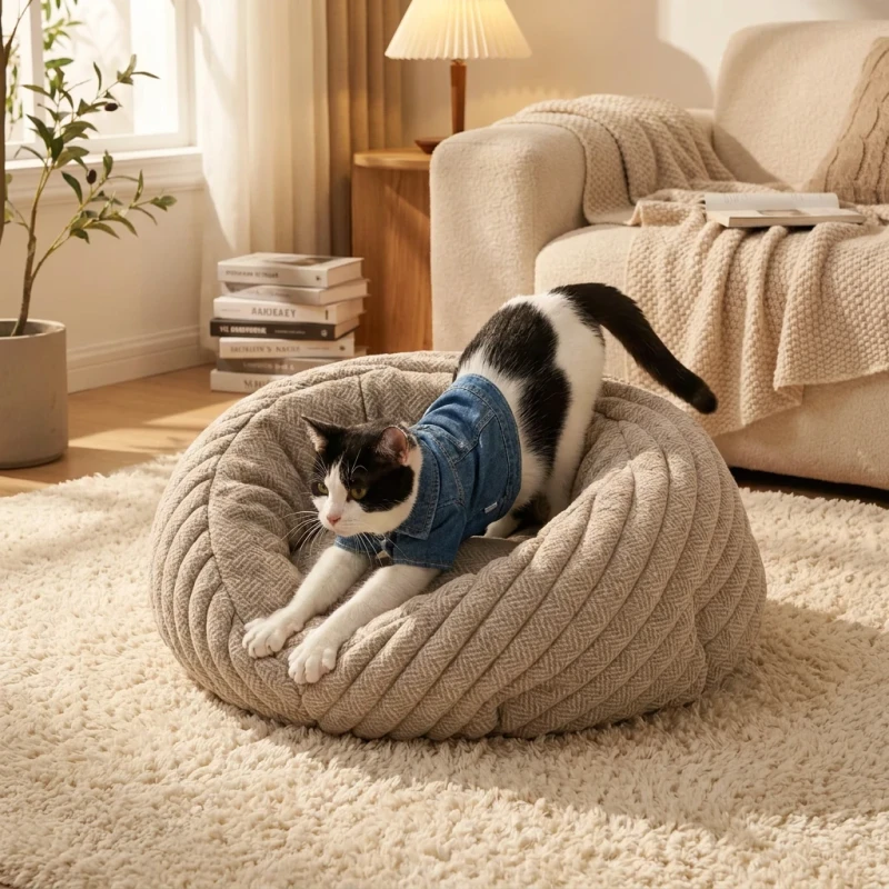 diamond-Linen-Fabric-Round-Washable-Indestructible-Removable-Chew-Proof-Carton-Cat-Bed